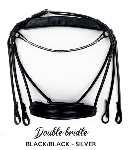 OUTLET Finesse Double Bridle Cassidy | Rolled Black Leather with Silver Clincher Browband